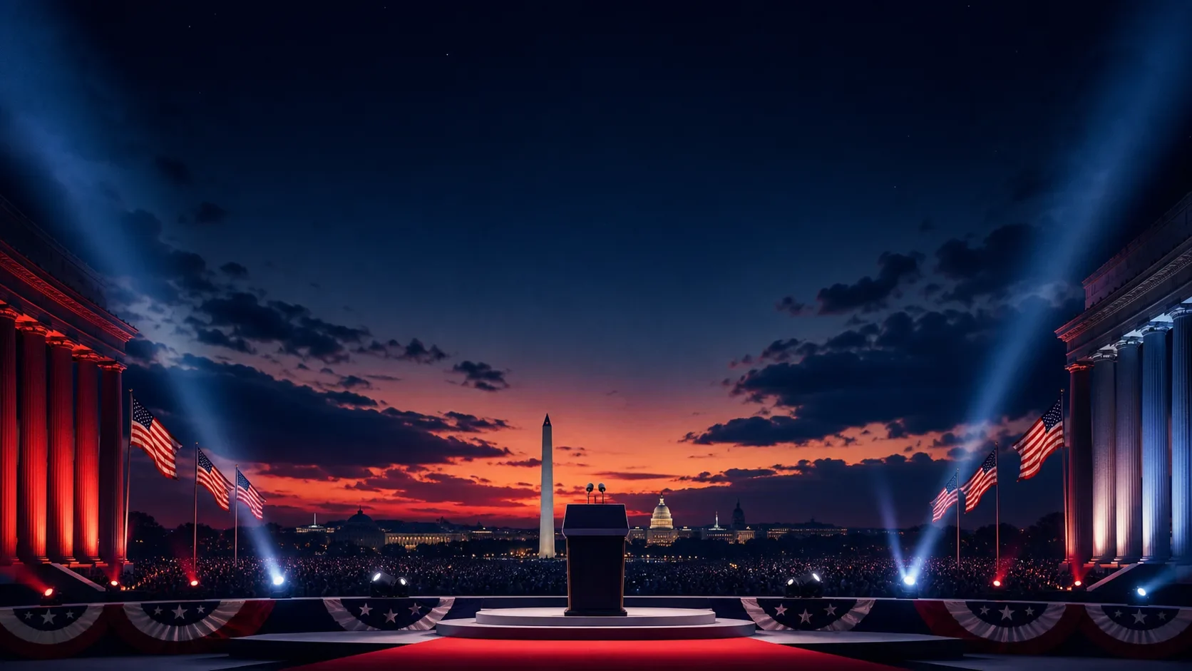 Generated artwork of an empty fictional campaign stage in Washington at night