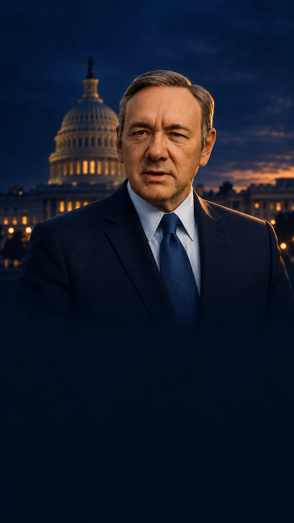 Generated Frank Underwood portrait at the Capitol at dusk