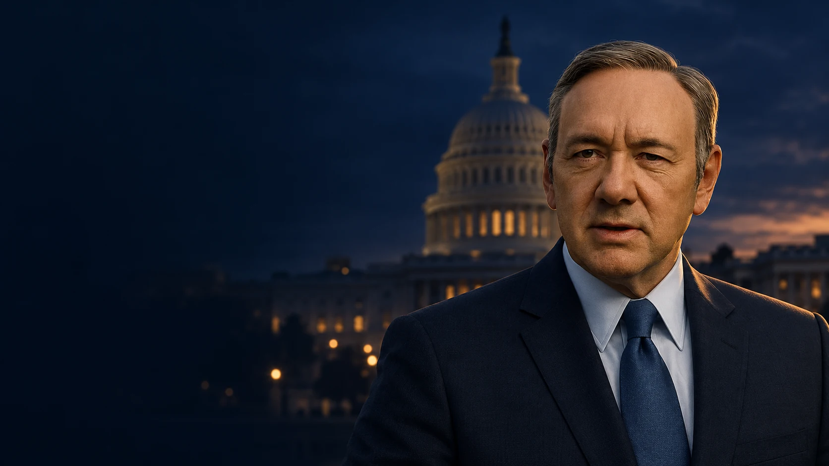 Generated fan portrait of Frank Underwood against the Capitol at dusk