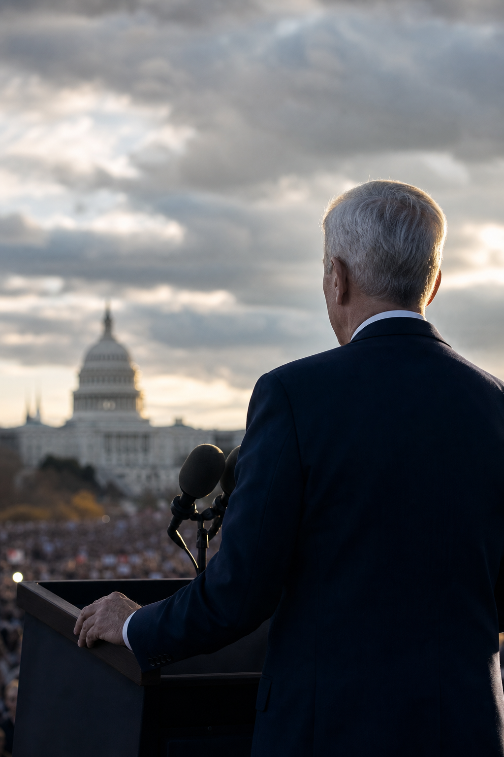 A fictional presidential candidate addressing a crowd from a podium with the United States Capitol in the distance